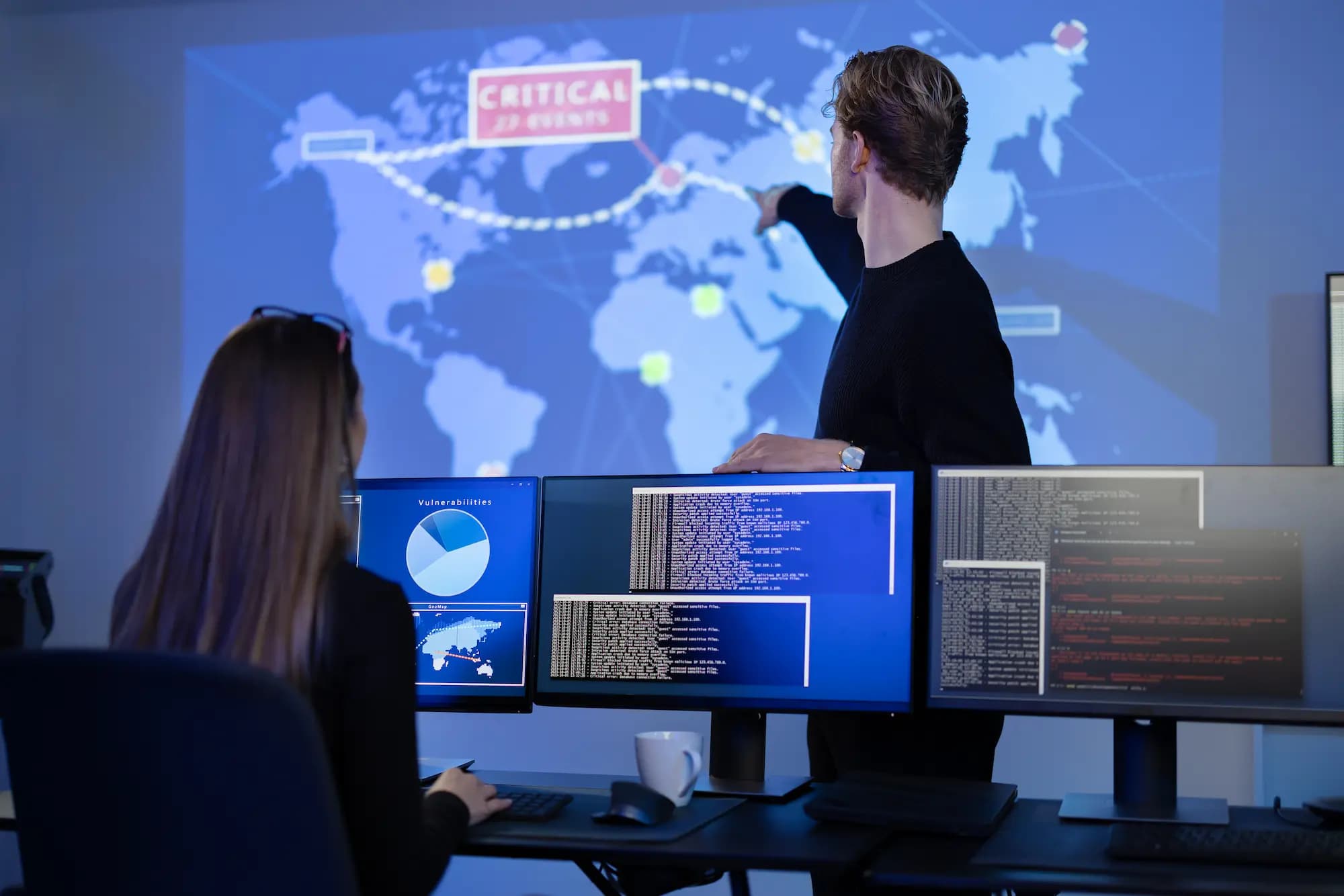 Global IT operations team monitoring cybersecurity and critical events on a world map dashboard, representing distributed software delivery and international engineering teams.